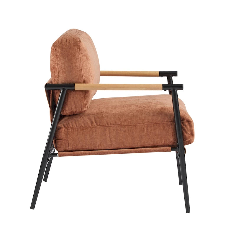 Fauteuil d'appoint rembourré, structure en métal noir, accoudoirs en bois, assise coussin rembourrée