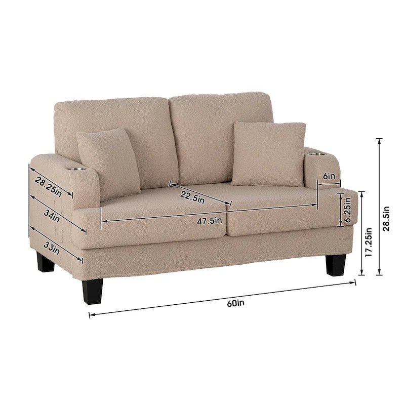Canapé deux places en tissu bouclé beige avec porte-gobelets, poches latérales et coussins décoratifs