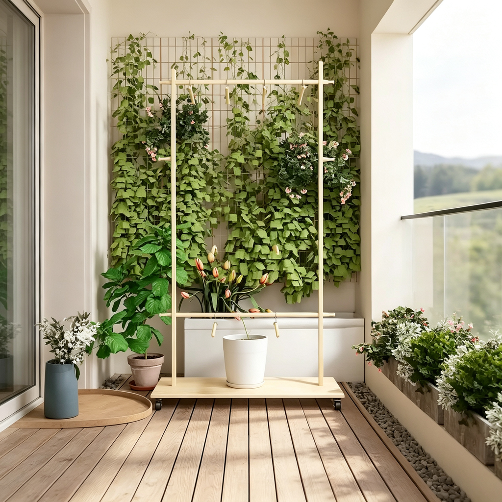 Portant à Vêtements Autonome en Bois avec Doubles Tiges, Étagère Inférieure, Roulettes, Beige
