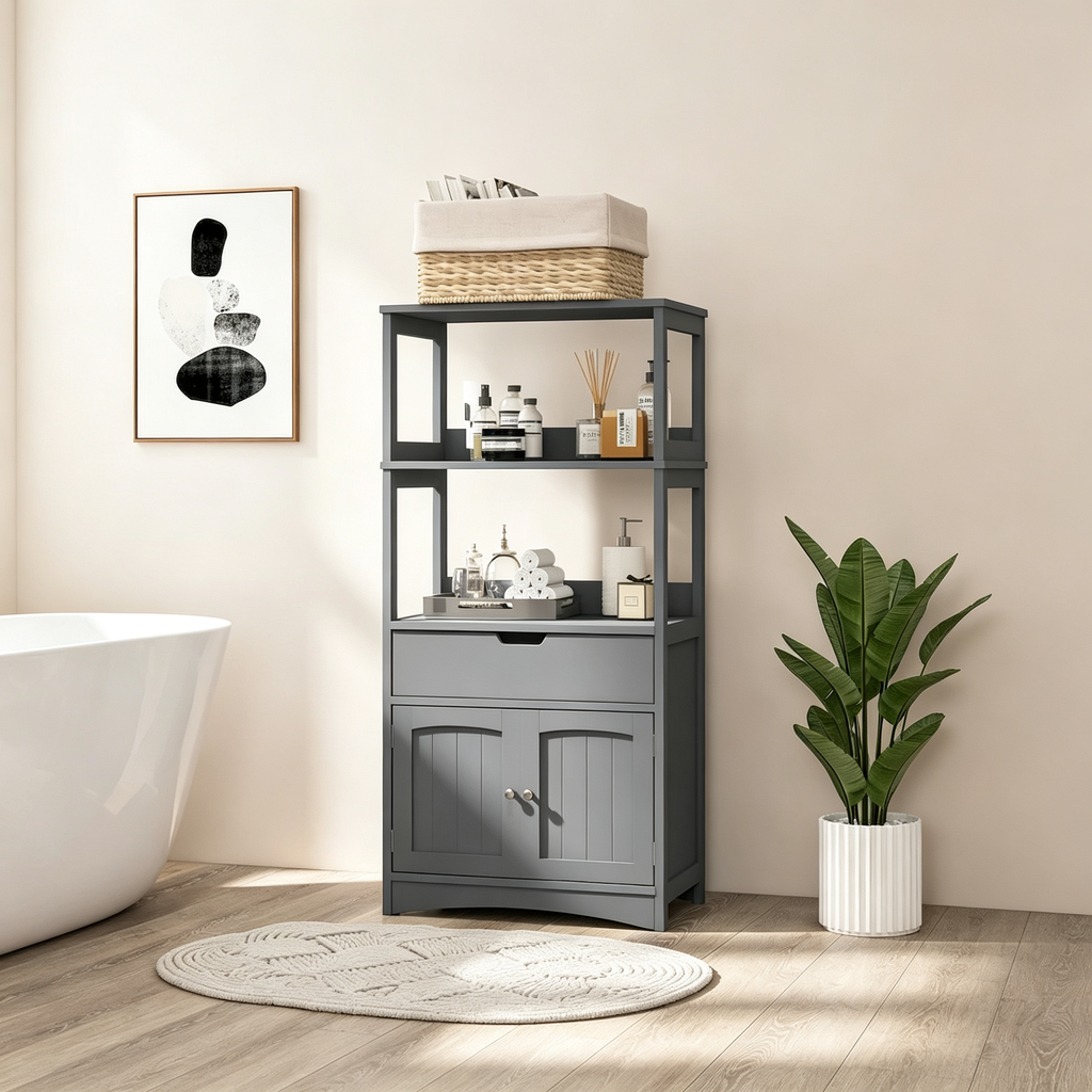 Meuble de rangement de salle de bain avec tiroir, étagères ouvertes et placard