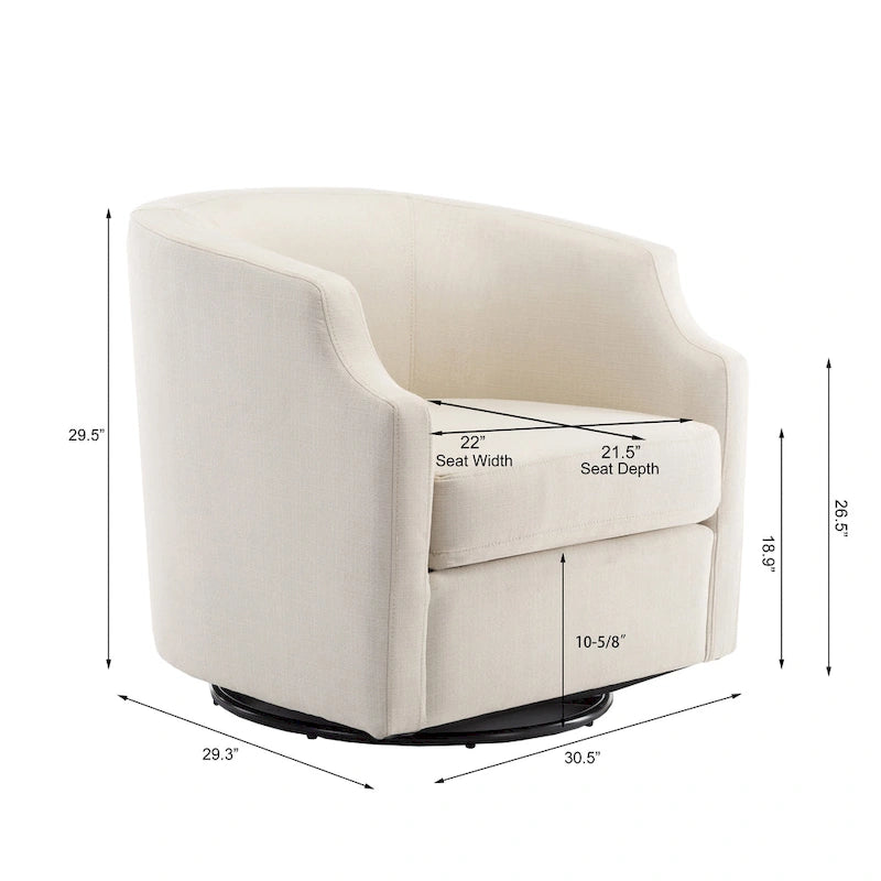 Fauteuil d'appoint pivotant et planeur en forme de tonneau, rembourré et doté d'accoudoirs à pince
