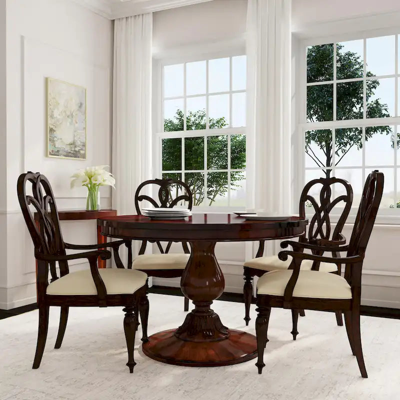 Table à manger ronde sur pied Placage en cerisier Bois massif Classique Élégante