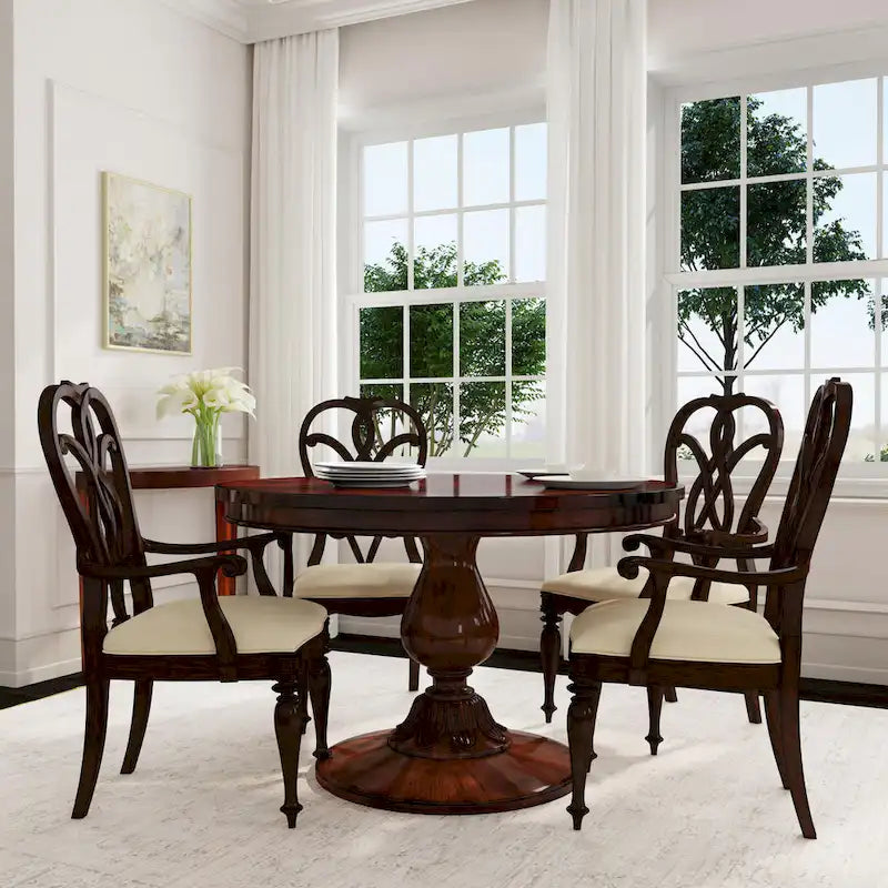 Table à manger ronde sur pied Placage en cerisier Bois massif Classique Élégante