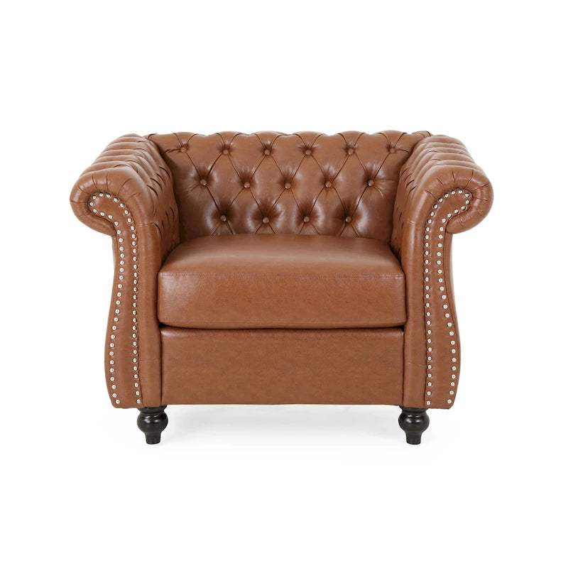 Fauteuil club Chesterfield capitonné en similicuir marron cognac avec clous décoratifs