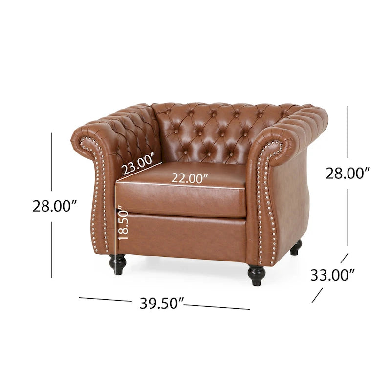 Fauteuil club Chesterfield capitonné en similicuir marron cognac avec clous décoratifs