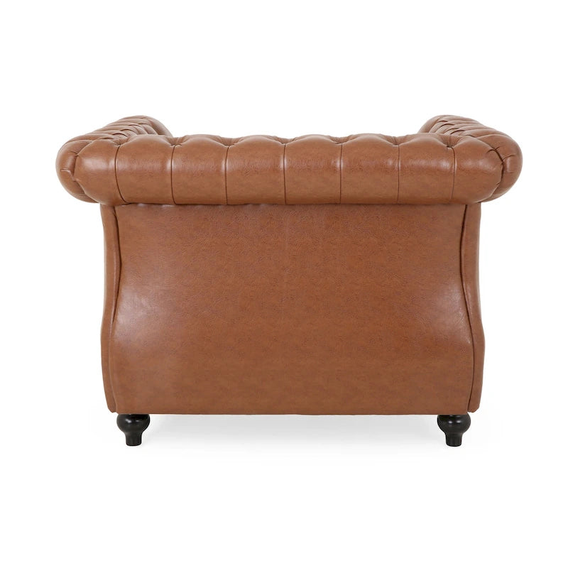 Fauteuil club Chesterfield capitonné en similicuir marron cognac avec clous décoratifs