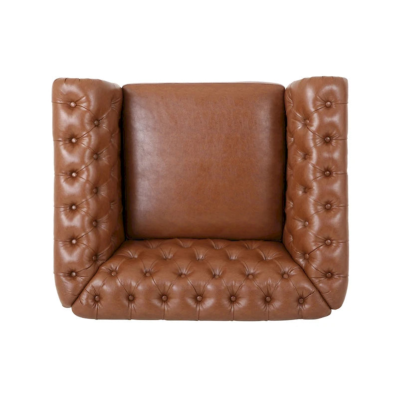 Fauteuil club Chesterfield capitonné en similicuir marron cognac avec clous décoratifs