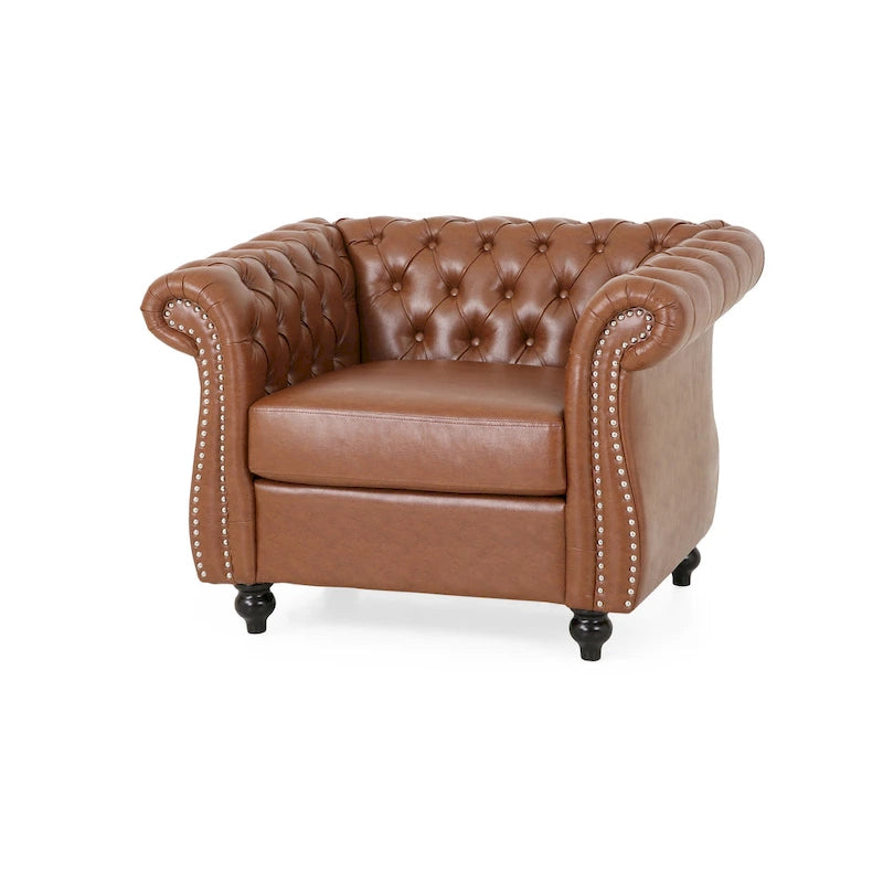Fauteuil club Chesterfield capitonné en similicuir marron cognac avec clous décoratifs
