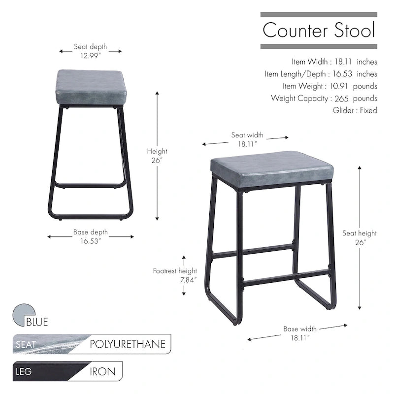 Tabouret de comptoir rembourré en similicuir avec pieds en fer résistant à la rouille, marron bleu noir