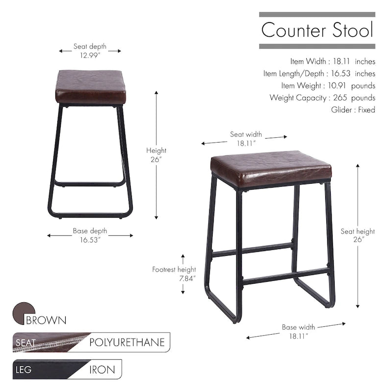 Tabouret de comptoir rembourré en similicuir avec pieds en fer résistant à la rouille, marron bleu noir