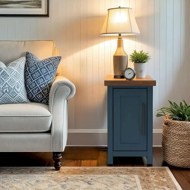 Table d'appoint de style fermier avec rangement dissimulé, en denim bleu et bois bicolore (dessus couleur whisky)