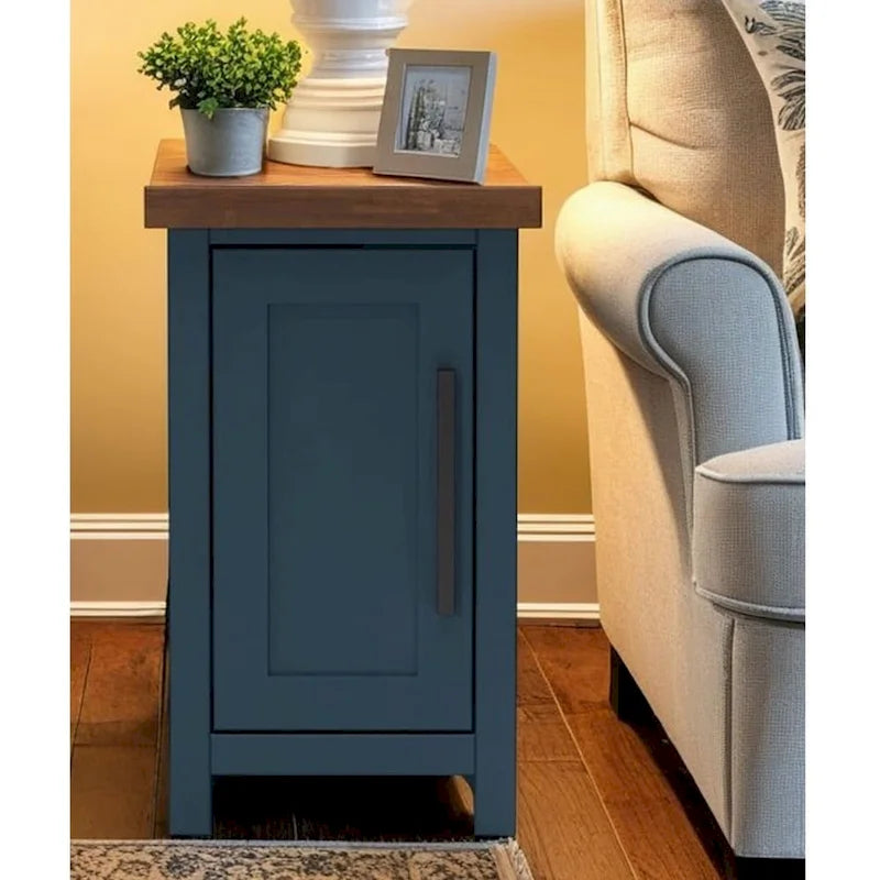 Table d'appoint de style fermier avec rangement dissimulé, en denim bleu et bois bicolore (dessus couleur whisky)
