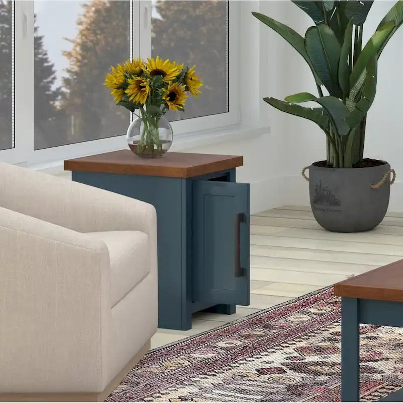 Table d'appoint de style fermier avec rangement dissimulé, en denim bleu et bois bicolore (dessus couleur whisky)