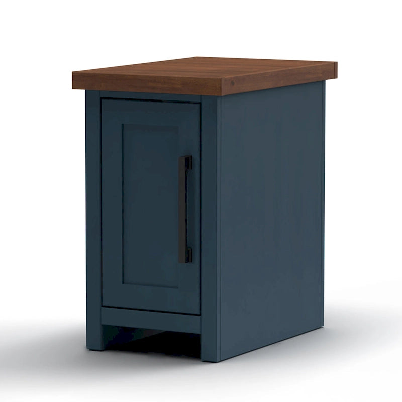 Table d'appoint de style fermier avec rangement dissimulé, en denim bleu et bois bicolore (dessus couleur whisky)