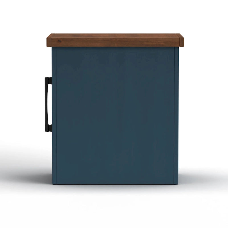 Table d'appoint de style fermier avec rangement dissimulé, en denim bleu et bois bicolore (dessus couleur whisky)