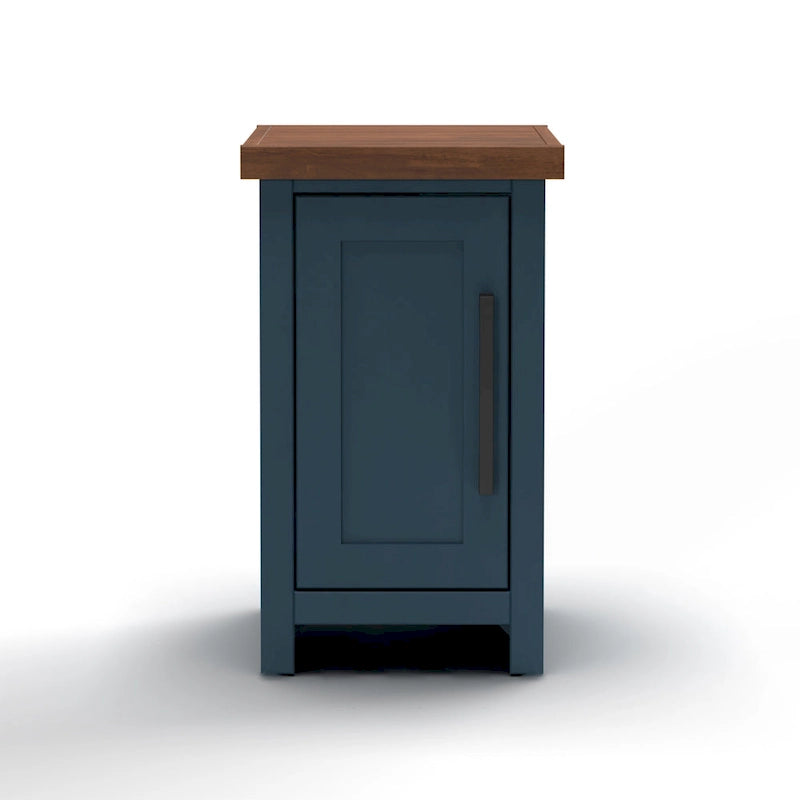 Table d'appoint de style fermier avec rangement dissimulé, en denim bleu et bois bicolore (dessus couleur whisky)