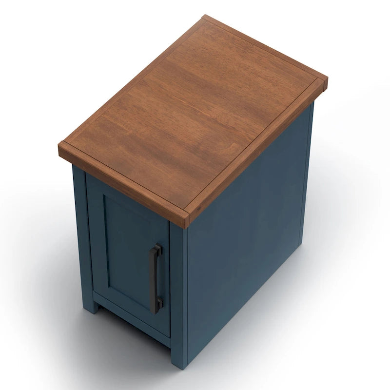Table d'appoint de style fermier avec rangement dissimulé, en denim bleu et bois bicolore (dessus couleur whisky)