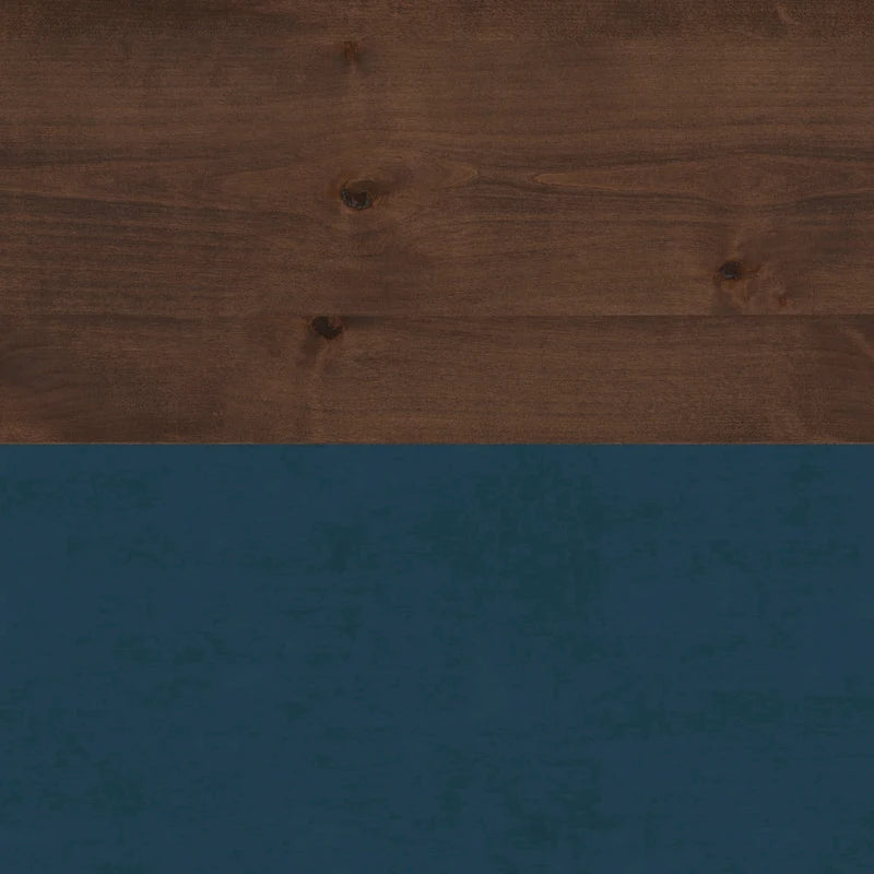 Table d'appoint de style fermier avec rangement dissimulé, en denim bleu et bois bicolore (dessus couleur whisky)