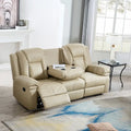 Canapé Inclinable Deux Places en Similicuir Beige avec Repose-pieds et Porte-gobelets