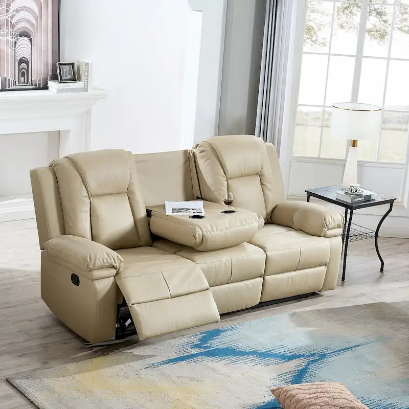 Canapé Inclinable Deux Places en Similicuir Beige avec Repose-pieds et Porte-gobelets
