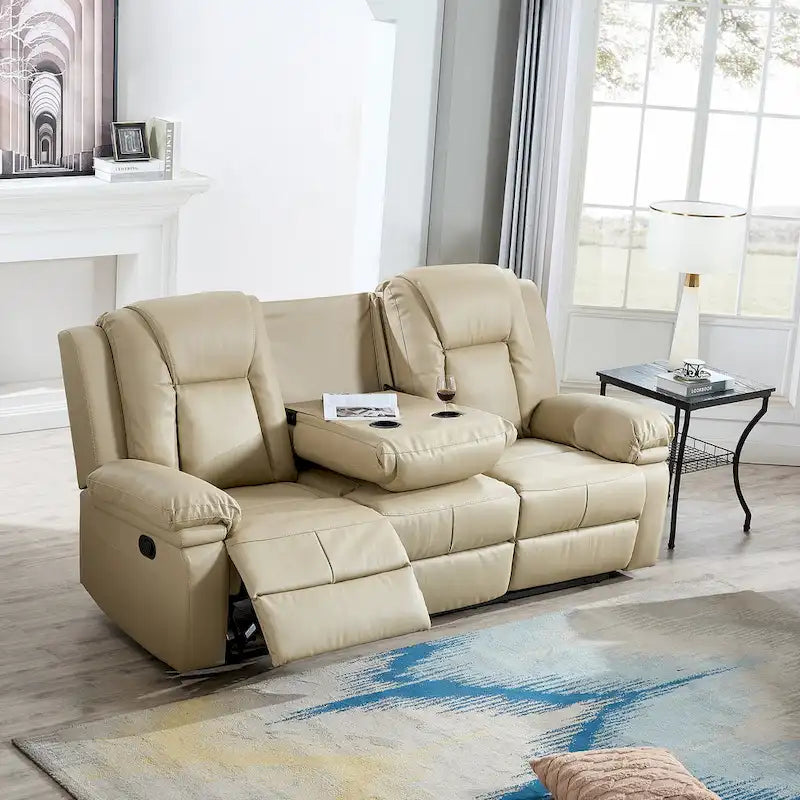 Canapé Inclinable Deux Places en Similicuir Beige avec Repose-pieds et Porte-gobelets