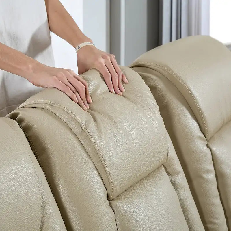 Canapé Inclinable Deux Places en Similicuir Beige avec Repose-pieds et Porte-gobelets