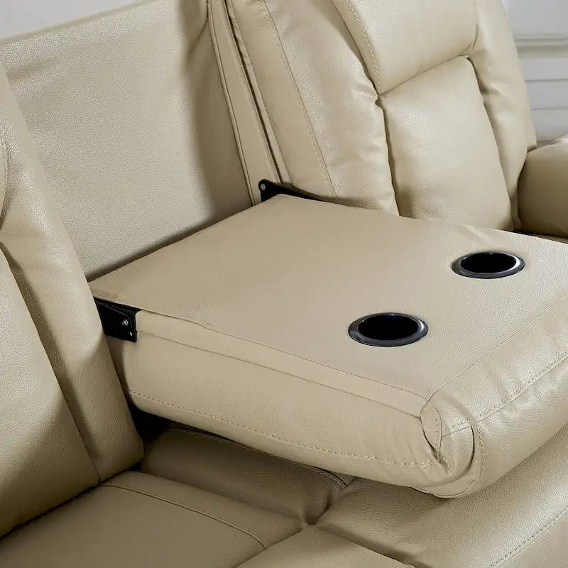 Canapé Inclinable Deux Places en Similicuir Beige avec Repose-pieds et Porte-gobelets