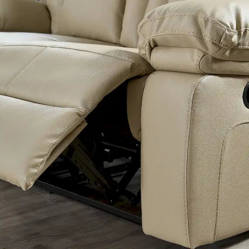 Canapé Inclinable Deux Places en Similicuir Beige avec Repose-pieds et Porte-gobelets