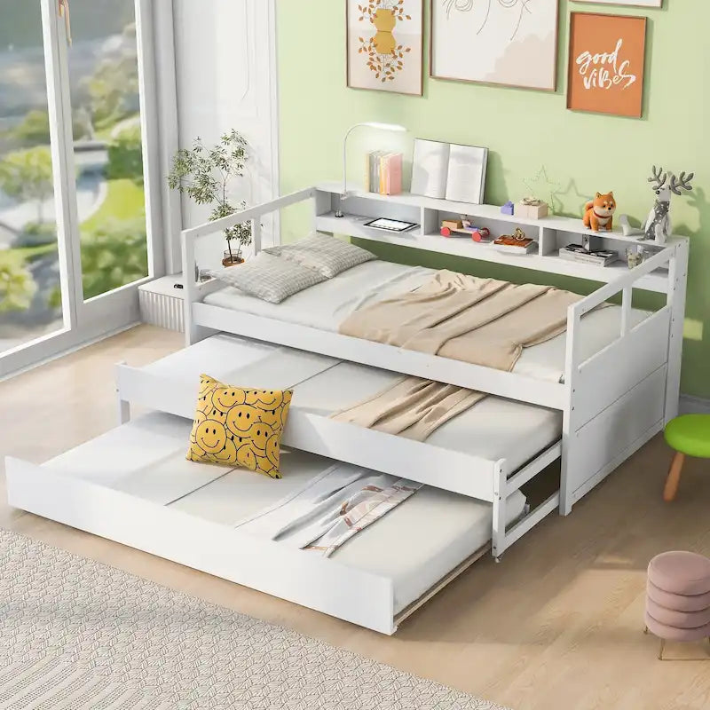 Lit de repos en bois avec deux lits gigognes, étagères de rangement et port USB