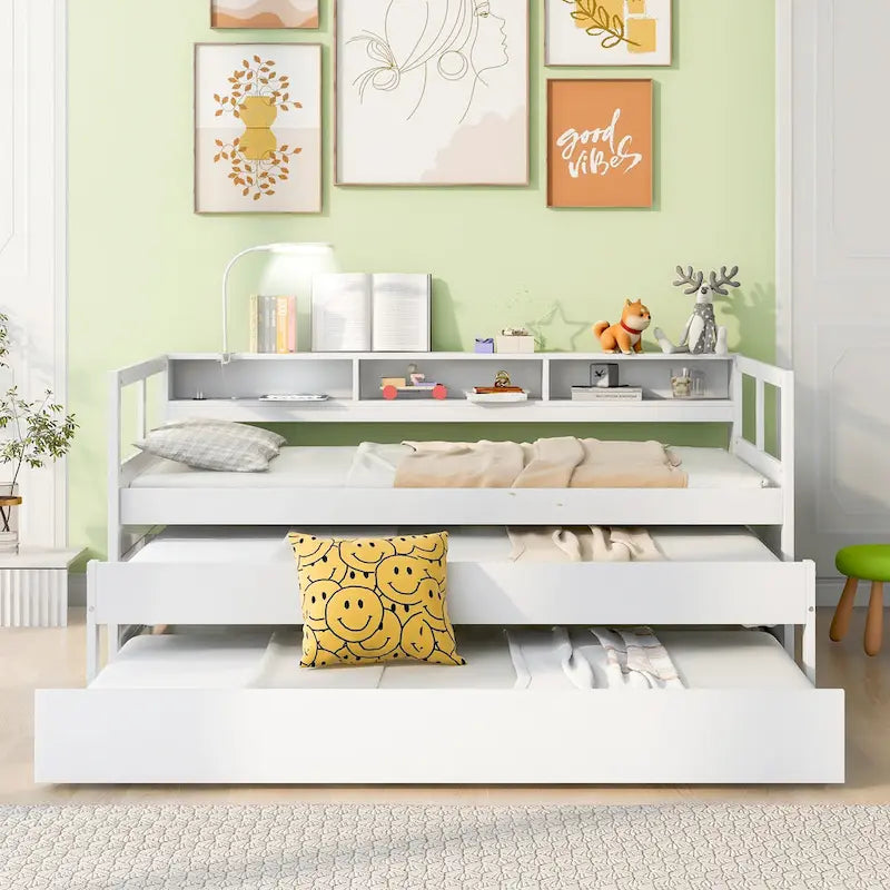Twin XL Wood Daybed with 2 Trundles and USB Charging Design
