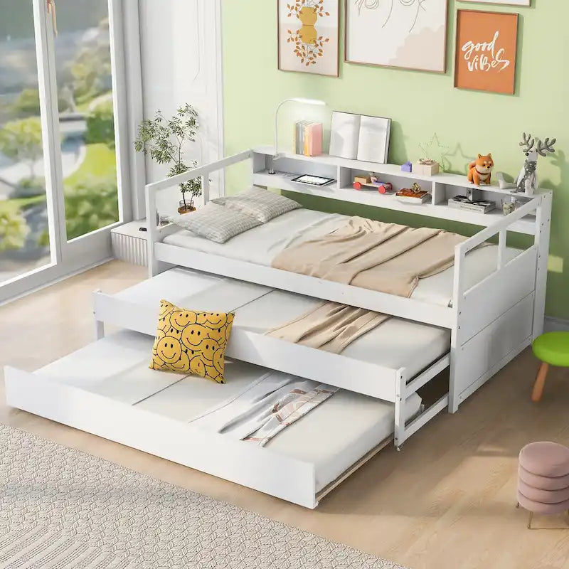 Lit de repos en bois avec deux lits gigognes, étagères de rangement et port USB