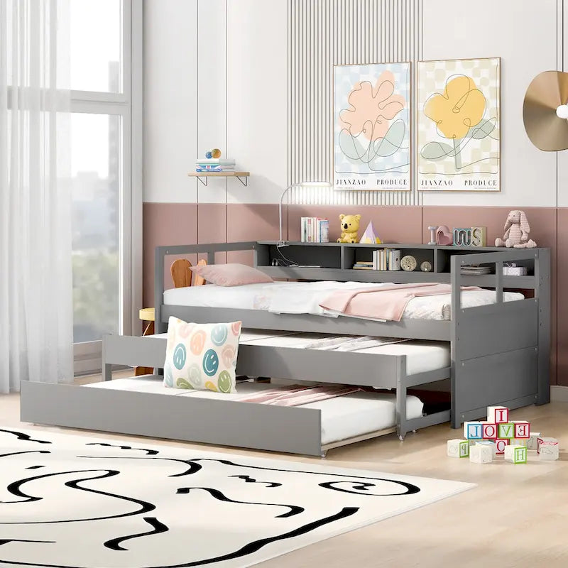 Lit de repos en bois avec deux lits gigognes, étagères de rangement et port USB