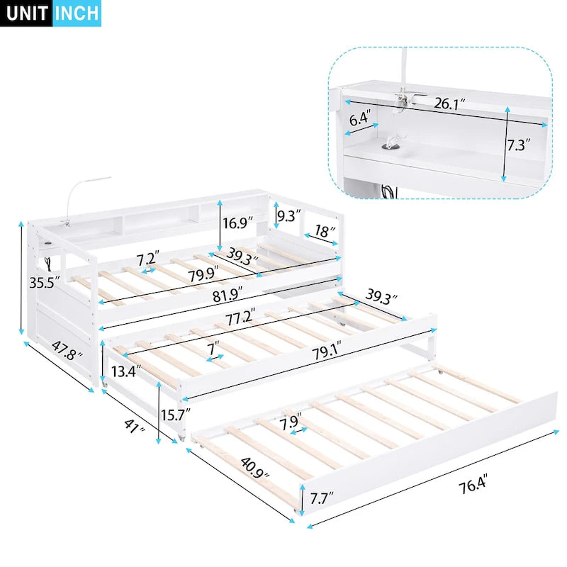 Lit de repos en bois avec deux lits gigognes, étagères de rangement et port USB