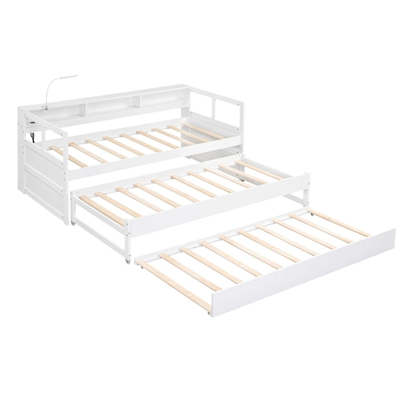 Lit de repos en bois avec deux lits gigognes, étagères de rangement et port USB