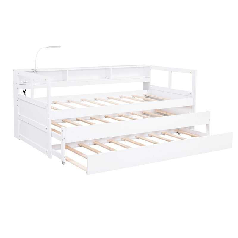 Lit de repos en bois avec deux lits gigognes, étagères de rangement et port USB