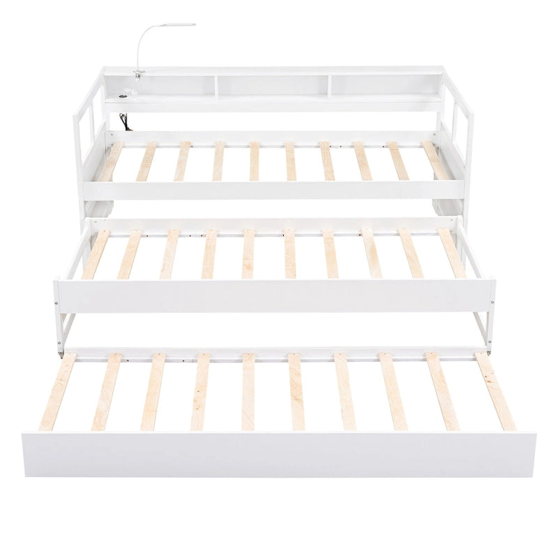 Lit de repos en bois avec deux lits gigognes, étagères de rangement et port USB