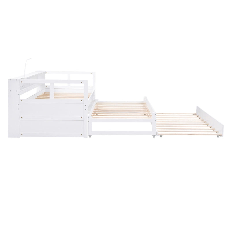 Lit de repos en bois avec deux lits gigognes, étagères de rangement et port USB
