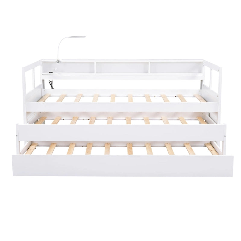 Lit de repos en bois avec deux lits gigognes, étagères de rangement et port USB
