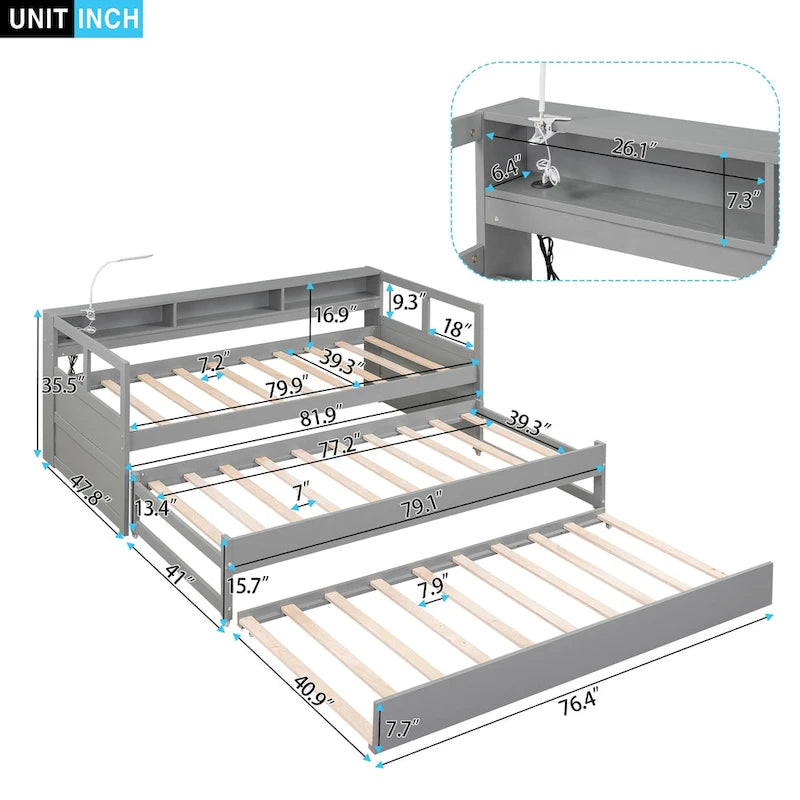 Lit de repos en bois avec deux lits gigognes, étagères de rangement et port USB