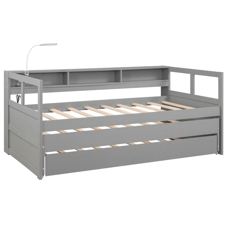 Lit de repos en bois avec deux lits gigognes, étagères de rangement et port USB