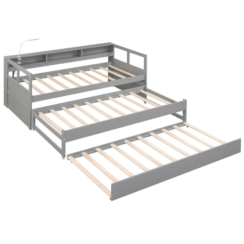 Lit de repos en bois avec deux lits gigognes, étagères de rangement et port USB