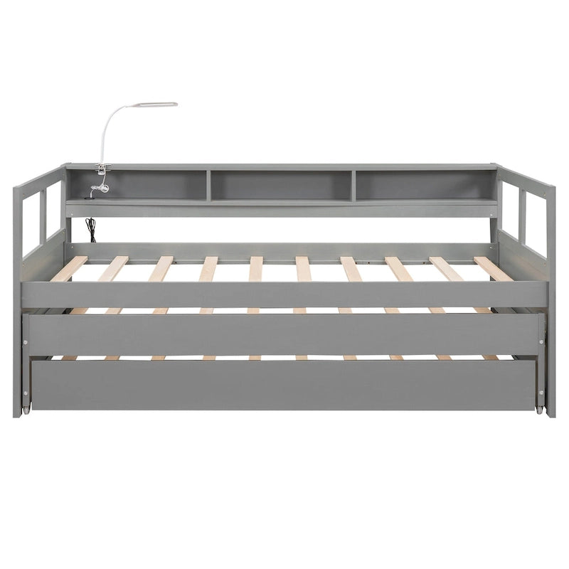 Lit de repos en bois avec deux lits gigognes, étagères de rangement et port USB