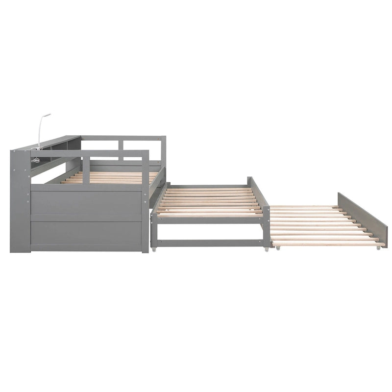 Lit de repos en bois avec deux lits gigognes, étagères de rangement et port USB