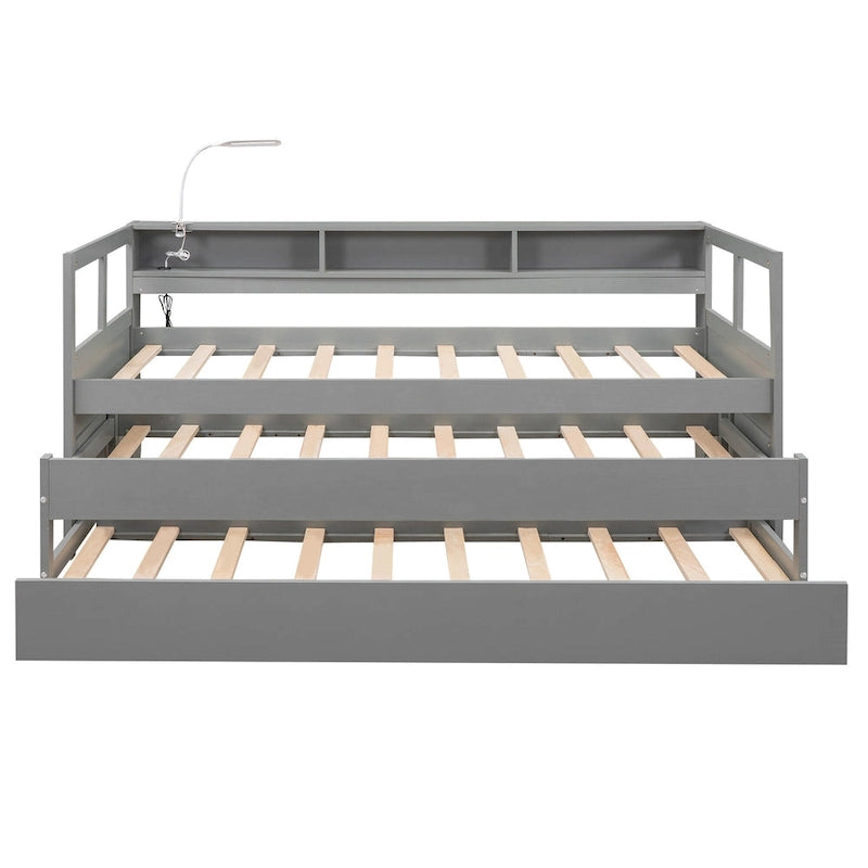 Lit de repos en bois avec deux lits gigognes, étagères de rangement et port USB