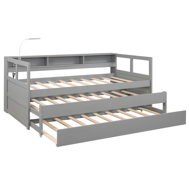 Lit de repos en bois avec deux lits gigognes, étagères de rangement et port USB