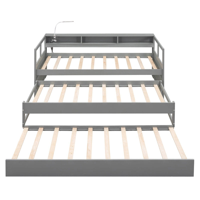 Lit de repos en bois avec deux lits gigognes, étagères de rangement et port USB