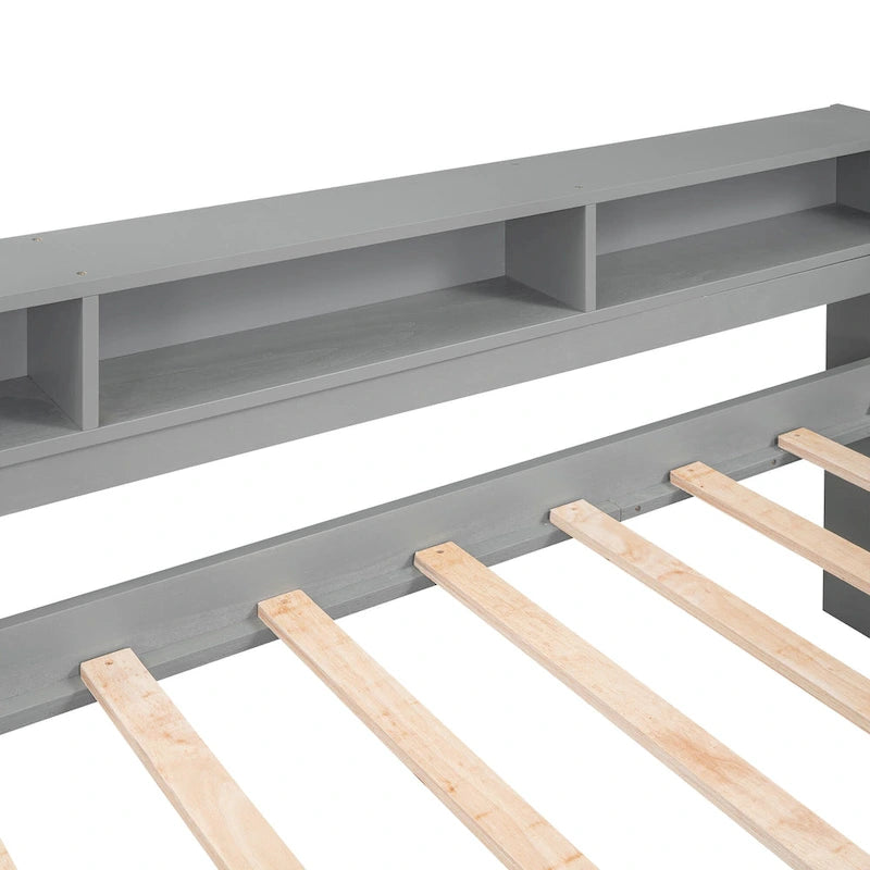 Lit de repos en bois avec deux lits gigognes, étagères de rangement et port USB