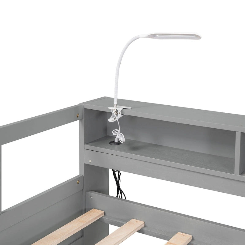 Lit de repos en bois avec deux lits gigognes, étagères de rangement et port USB