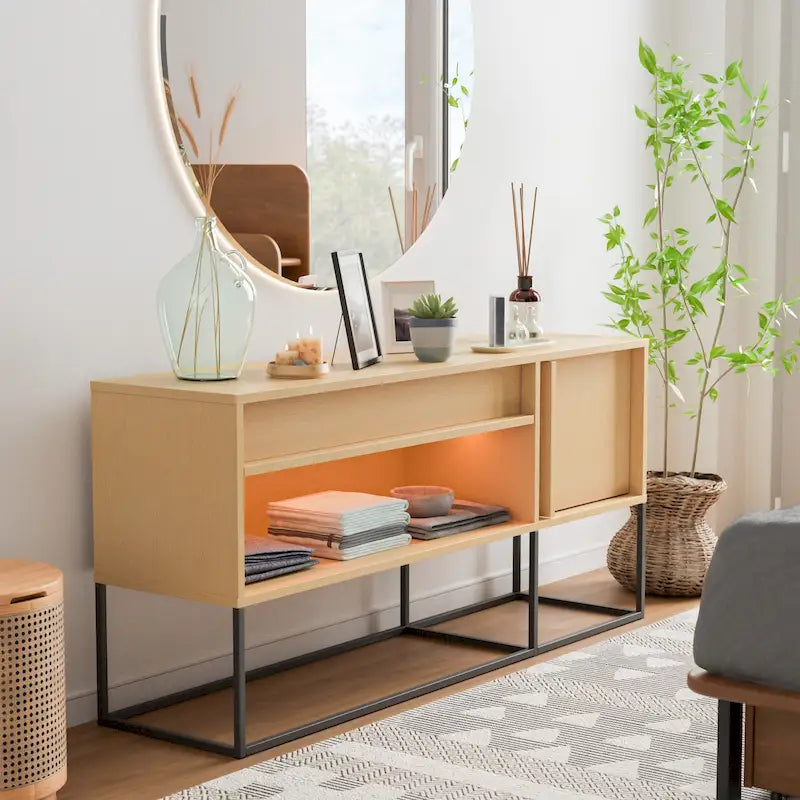 Meuble TV LED de 60 pouces avec tiroir, pieds en métal et éclairage couleur