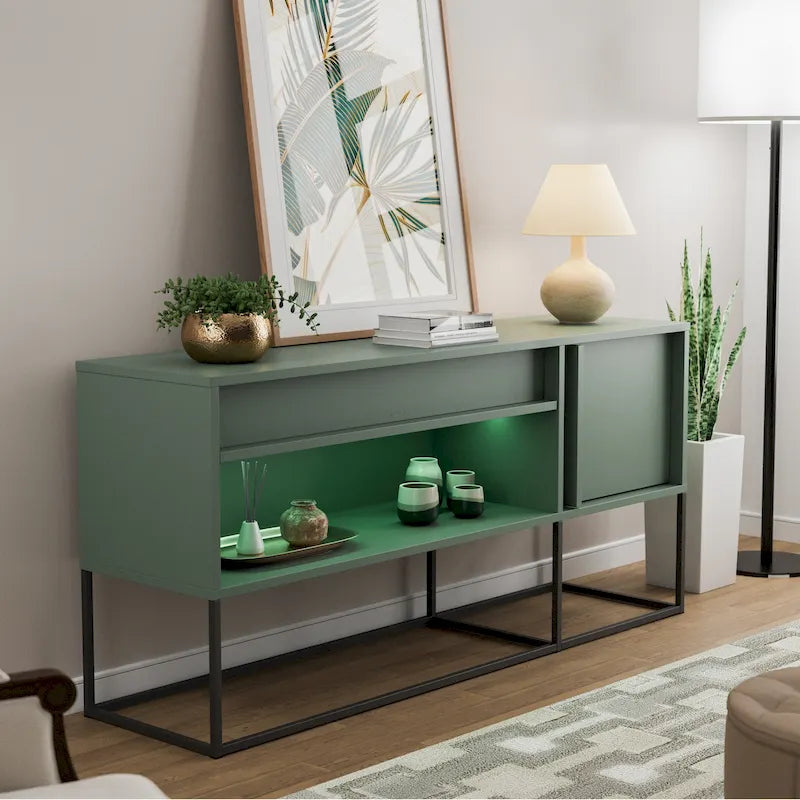 Meuble TV LED de 60 pouces avec tiroir, pieds en métal et éclairage couleur